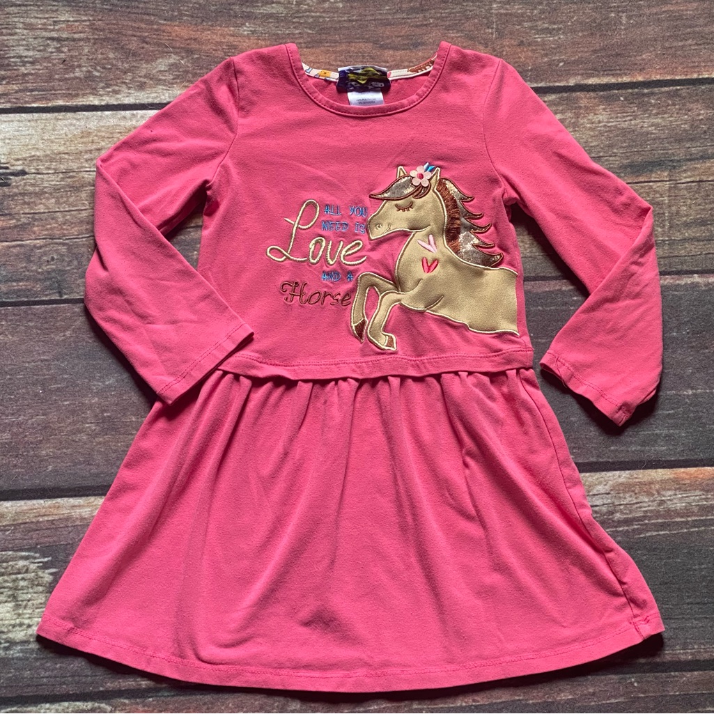 Counting Daisies Pink Long Sleeve Dress With Horse Design And Embroidery Size 5
